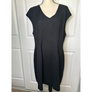 Josie Natori Sheath Dress Textured Jacquard XL Black V-Neck Cap Sleeve Zip Back